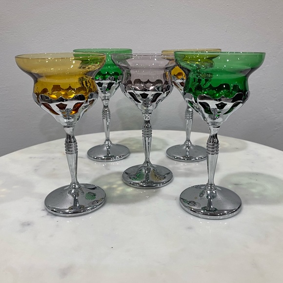 Art Deco Farber 1930’s Wine Glasses Crome Metal Stem Multicolored Glass - Picture 1 of 7